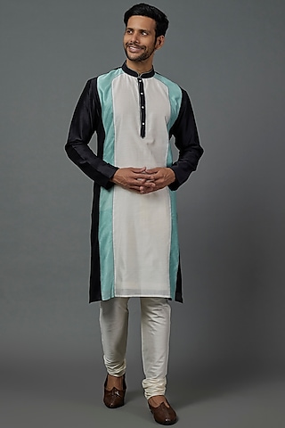 Black Silk Cotton Colour Block Kurta Set by ALOUKIK