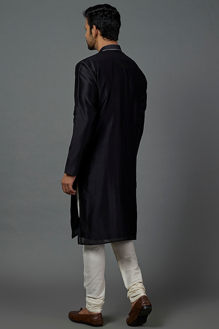Black Silk Cotton Colour Block Kurta Set by ALOUKIK at Pernia's Pop Up Shop