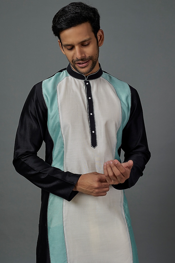Black Silk Cotton Colour Block Kurta Set by ALOUKIK at Pernia's Pop Up Shop