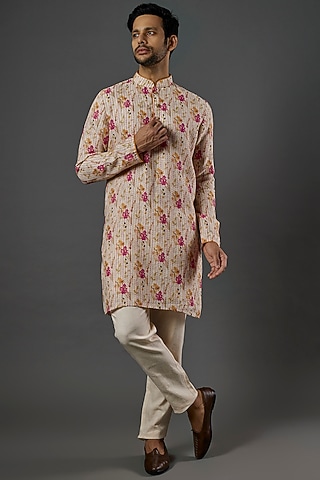 Beige Linen Printed Kurta Set by SAMMOHAN