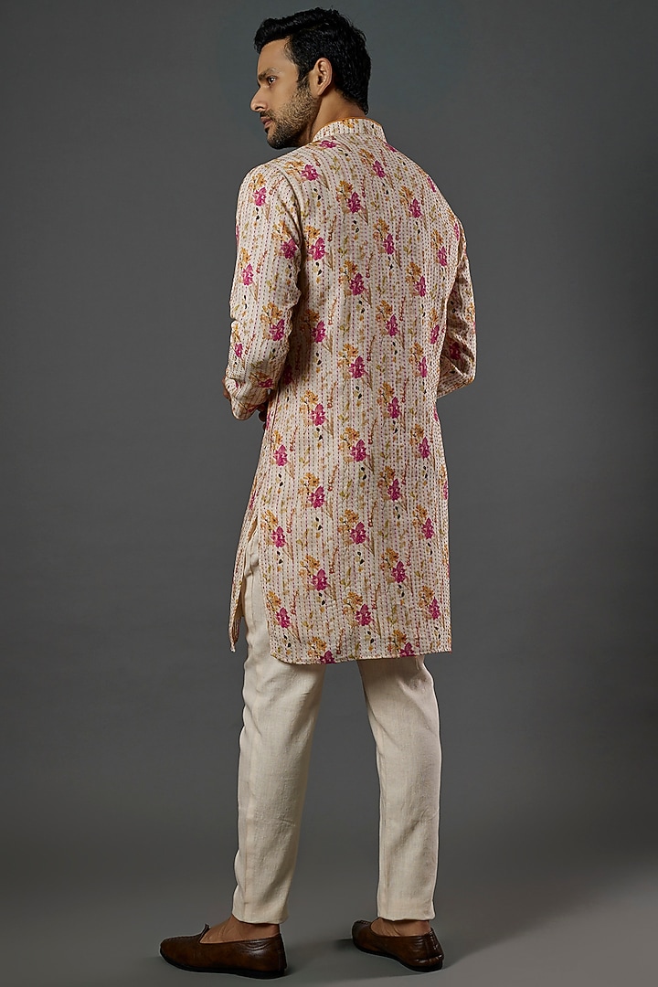 Beige Linen Printed Kurta Set by SAMMOHAN at Pernia's Pop Up Shop