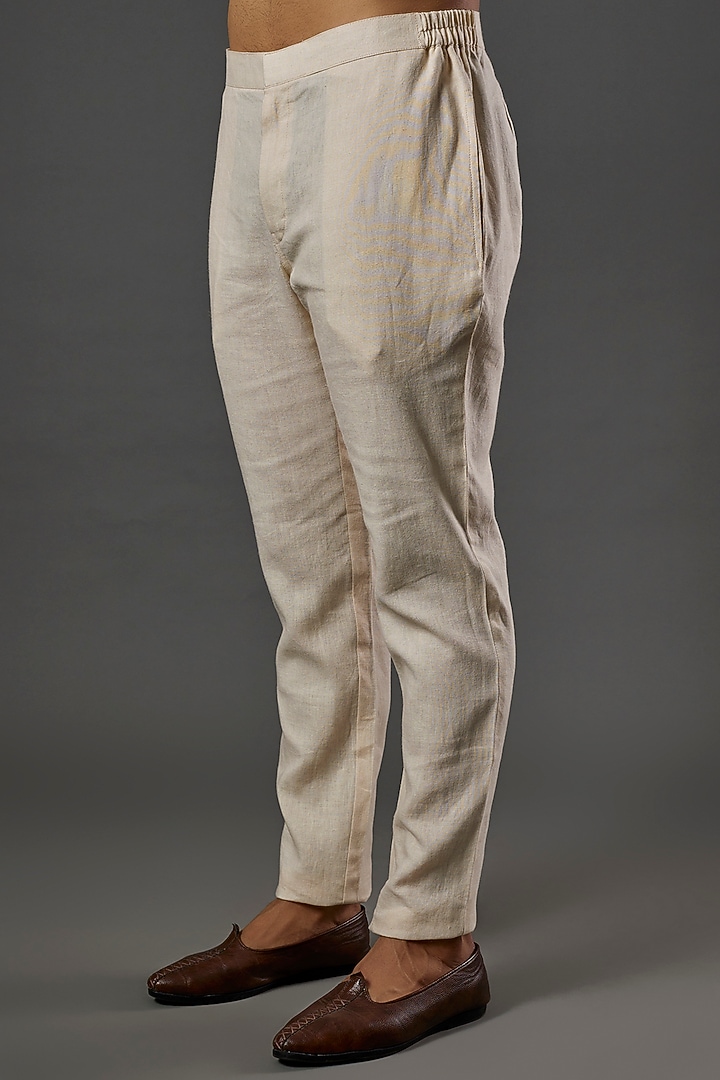 Beige Linen Printed Kurta Set by SAMMOHAN at Pernia's Pop Up Shop
