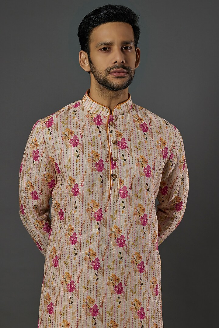 Beige Linen Printed Kurta Set by SAMMOHAN at Pernia's Pop Up Shop