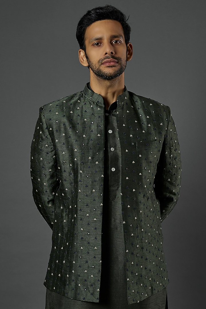 Olive Green Viscose Silk Wedding Indowestern Set by ALOUKIK at Pernia's Pop Up Shop