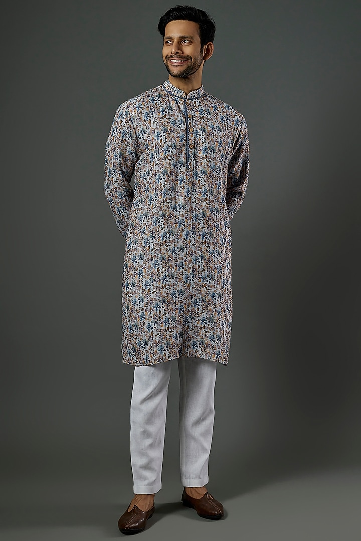 Sky Blue Linen Printed Kurta Set by SAMMOHAN at Pernia's Pop Up Shop
