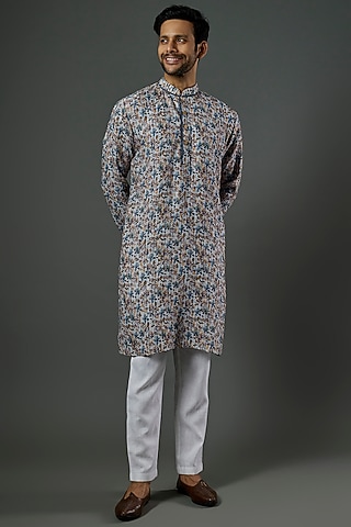 Sky Blue Linen Printed Kurta Set by SAMMOHAN