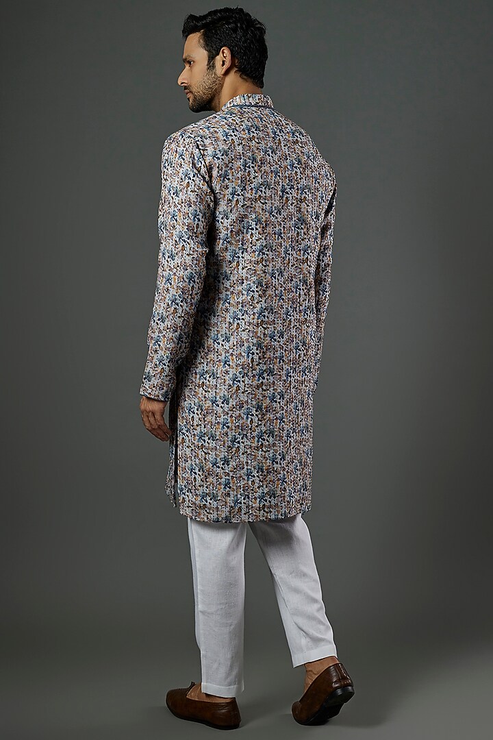 Sky Blue Linen Printed Kurta Set by SAMMOHAN at Pernia's Pop Up Shop