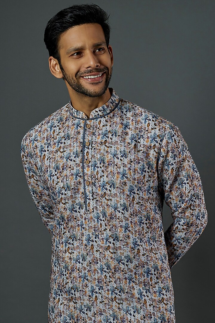 Sky Blue Linen Printed Kurta Set by SAMMOHAN at Pernia's Pop Up Shop
