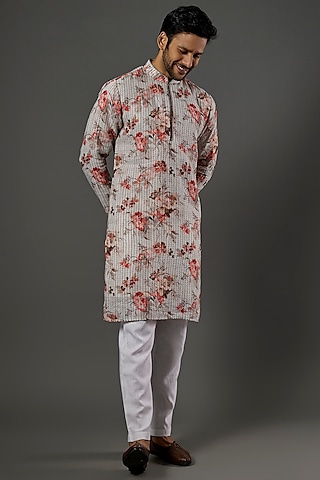 Grey Linen Printed Kurta Set by SAMMOHAN