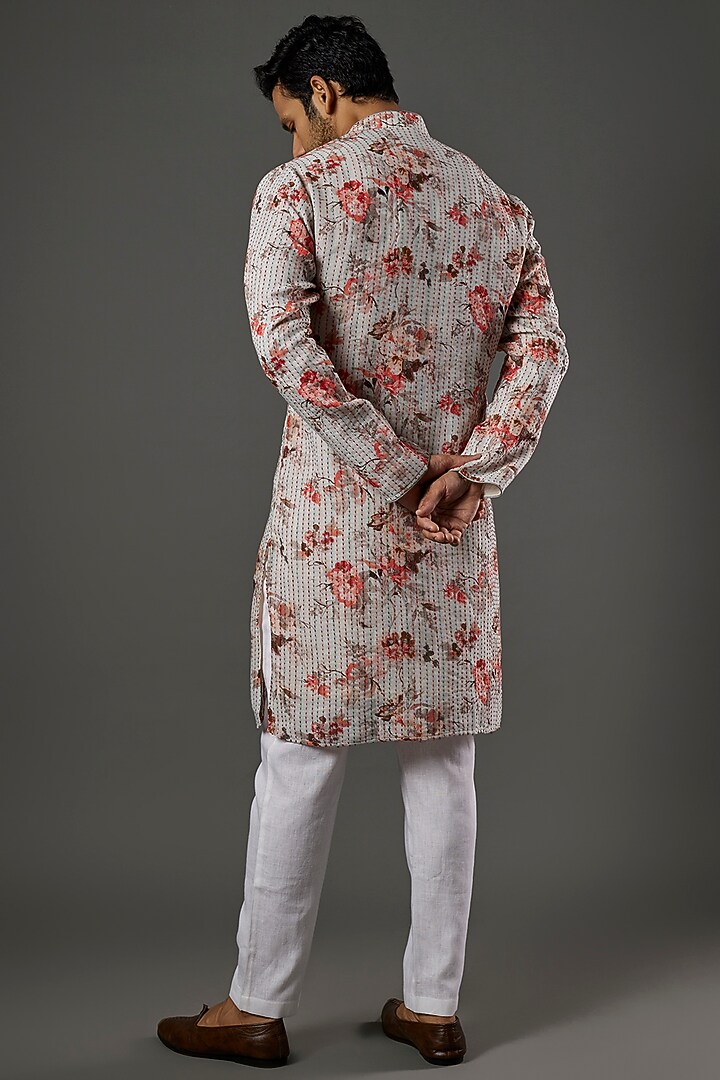 Grey Linen Printed Kurta Set by SAMMOHAN at Pernia's Pop Up Shop