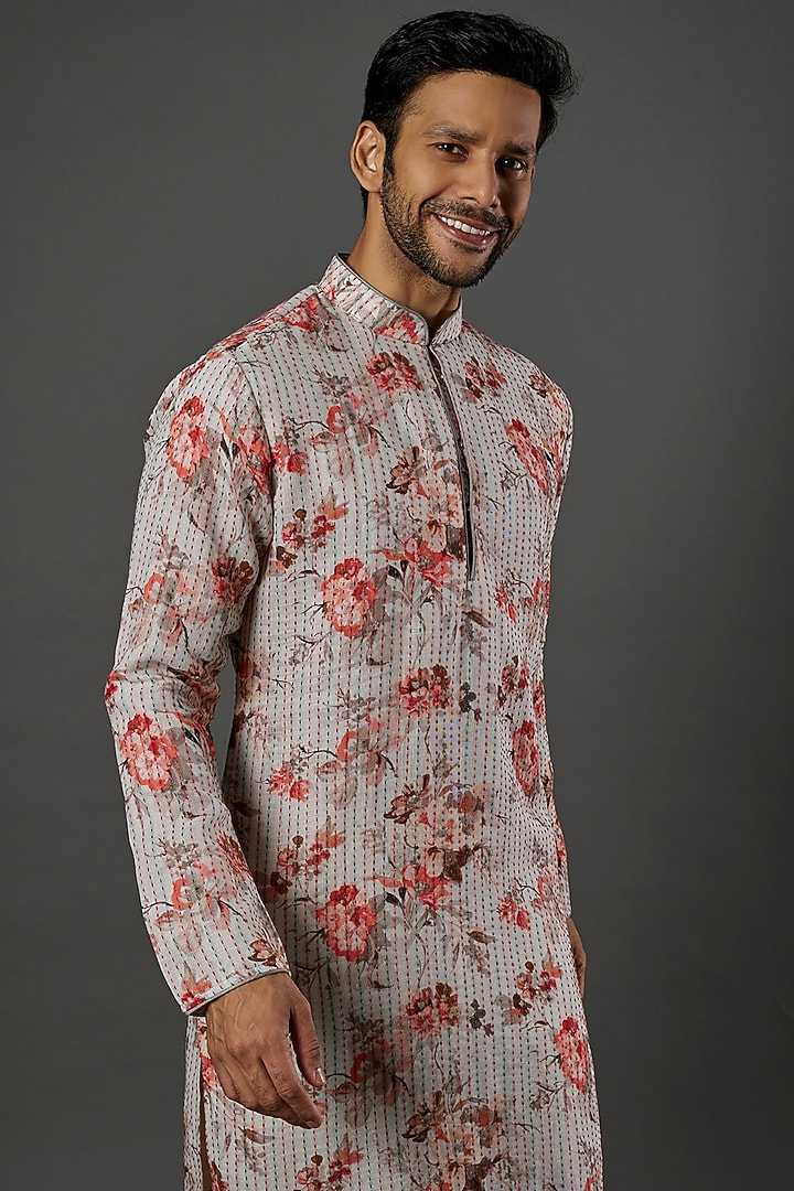 Grey Linen Printed Kurta Set by SAMMOHAN at Pernia's Pop Up Shop