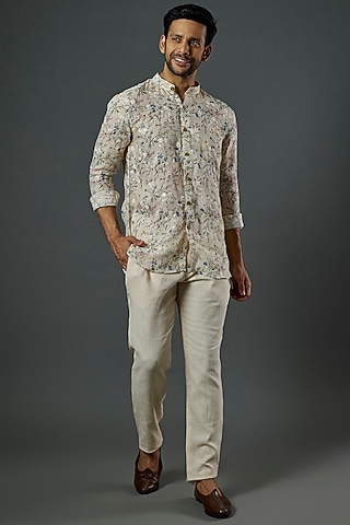 Beige Machine Embroidered Shirt Set by SAMMOHAN