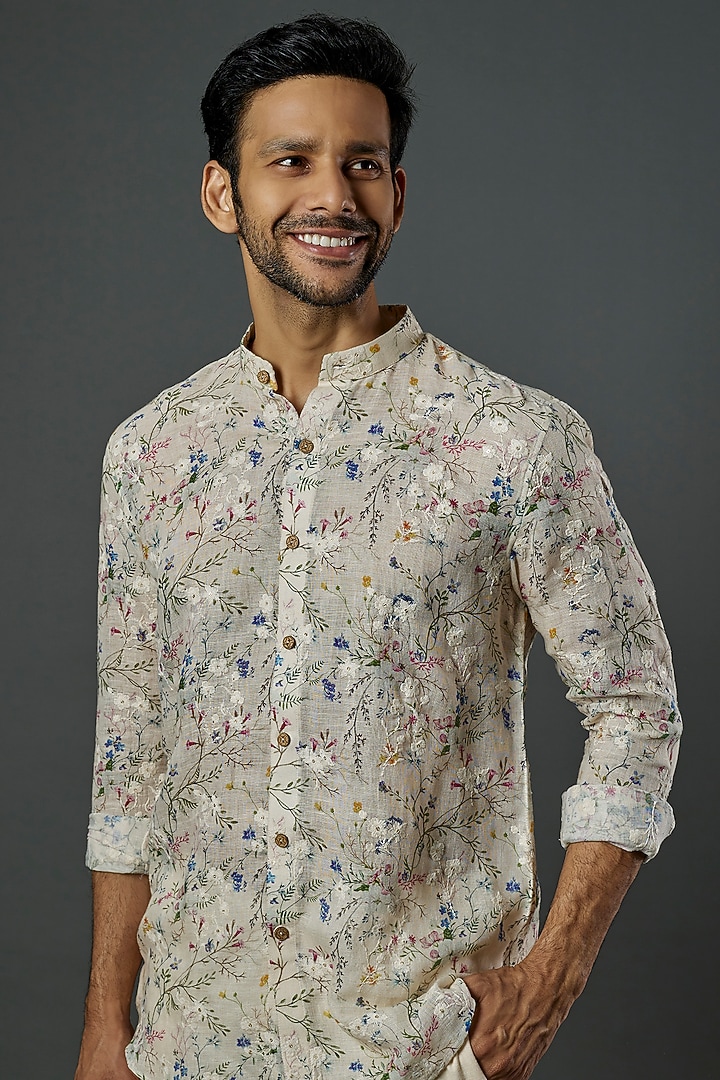 Beige Machine Embroidered Shirt Set by SAMMOHAN at Pernia's Pop Up Shop