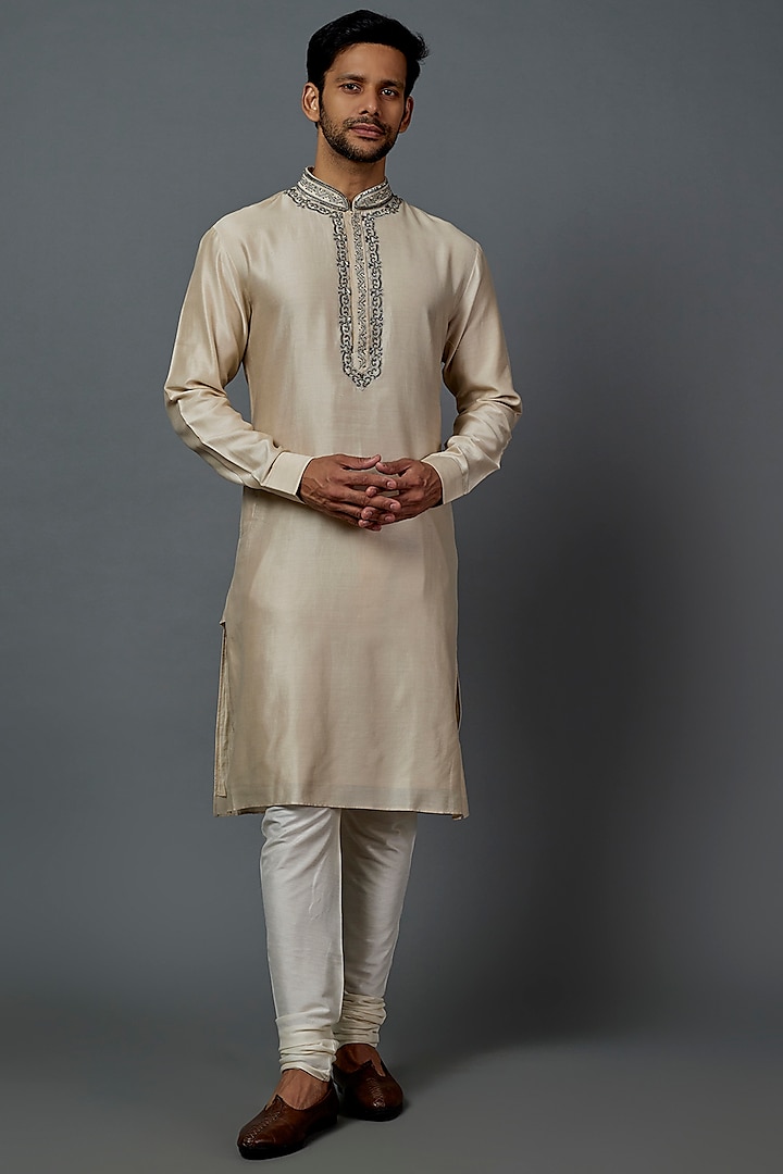 Beige Hand Embroidered kurta Set by ALOUKIK