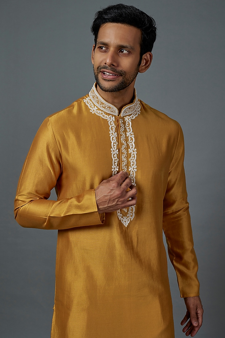 Yellow Dola Silk Kurta Set by ALOUKIK at Pernia's Pop Up Shop