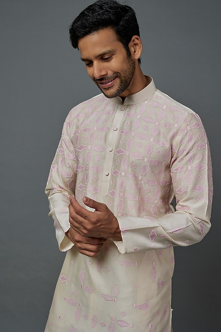 Beige Silk Cotton Patch Work Kurta Set by ALOUKIK at Pernia's Pop Up Shop