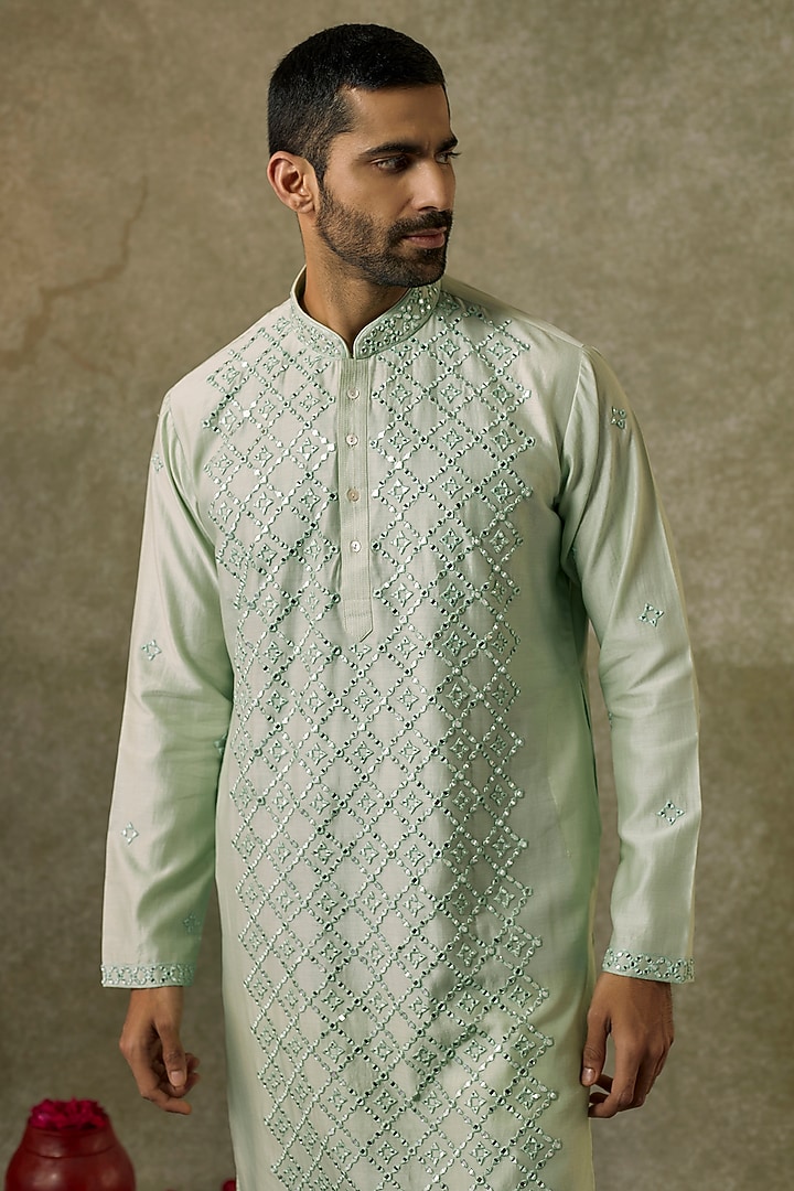 Mint Silk Blend Miror Work Kurta Set by SAMMOHAN at Pernia's Pop Up Shop