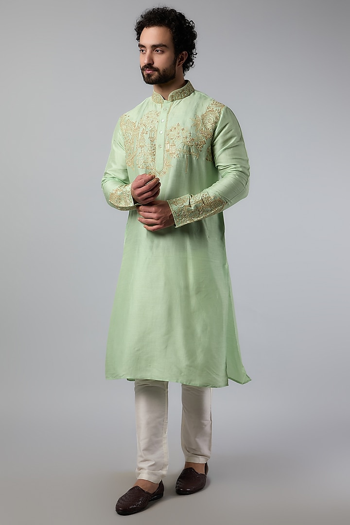 Mint Green Tussar Resham Embroidered Kurta Set by SAMMOHAN