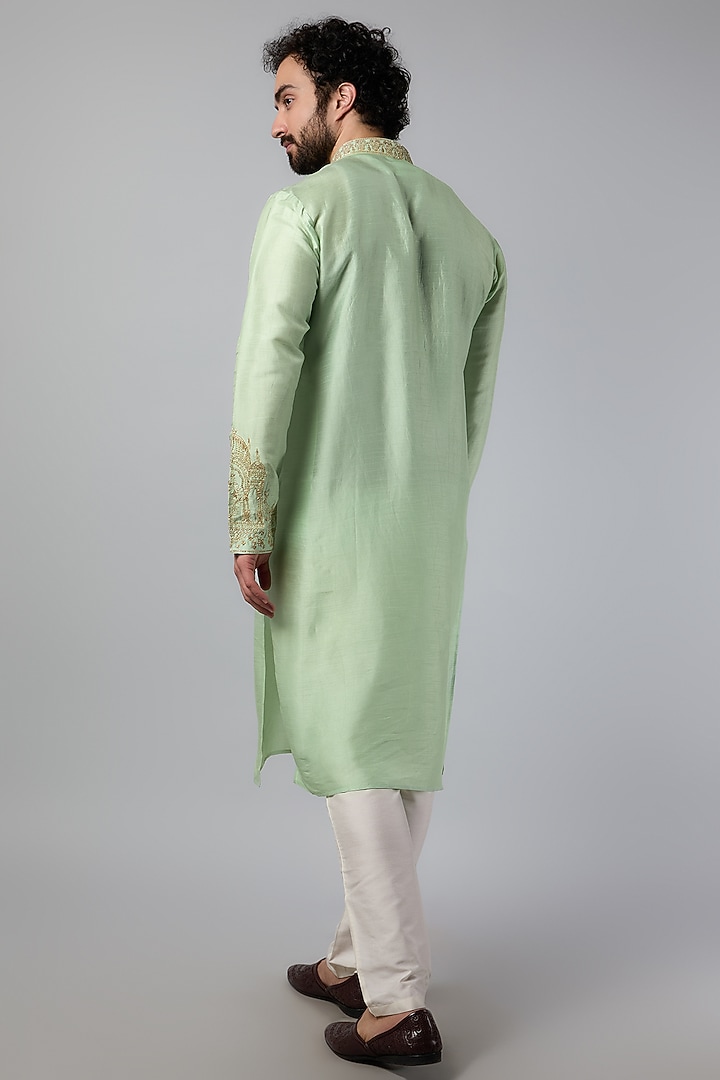 Mint Green Tussar Resham Embroidered Kurta Set by SAMMOHAN at Pernia's Pop Up Shop
