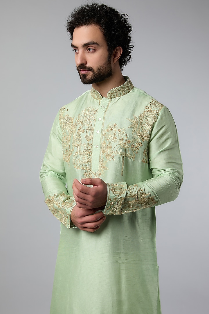 Mint Green Tussar Resham Embroidered Kurta Set by SAMMOHAN at Pernia's Pop Up Shop