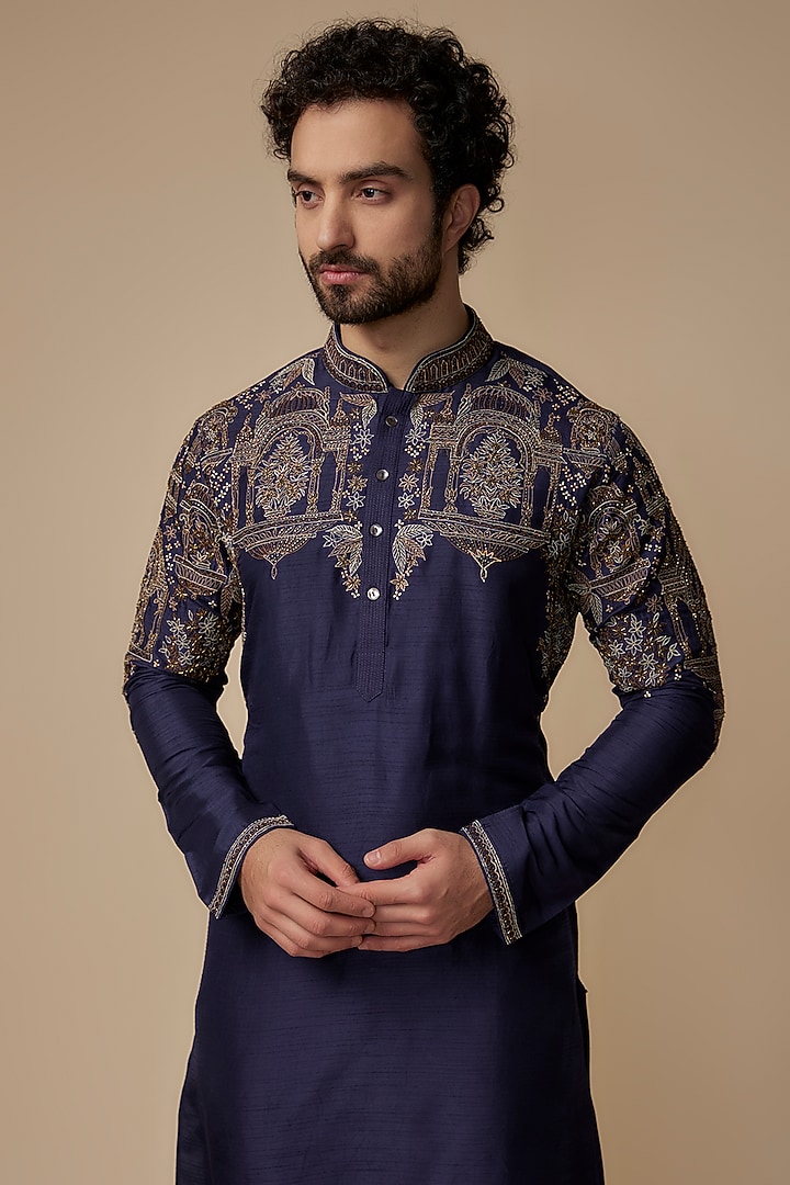 Blue Tussar Resham Thread Work Kurta Set by SAMMOHAN at Pernia's Pop Up Shop