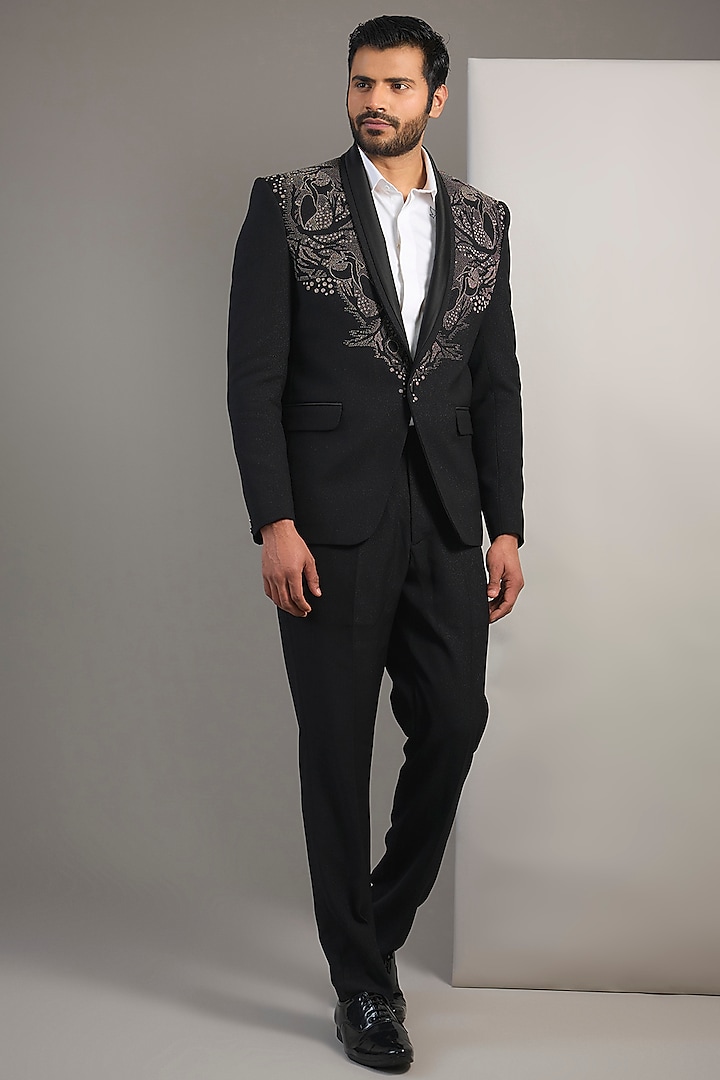 Black Suiting Resham Thread Embroidered Tuxedo Set by SAMMOHAN