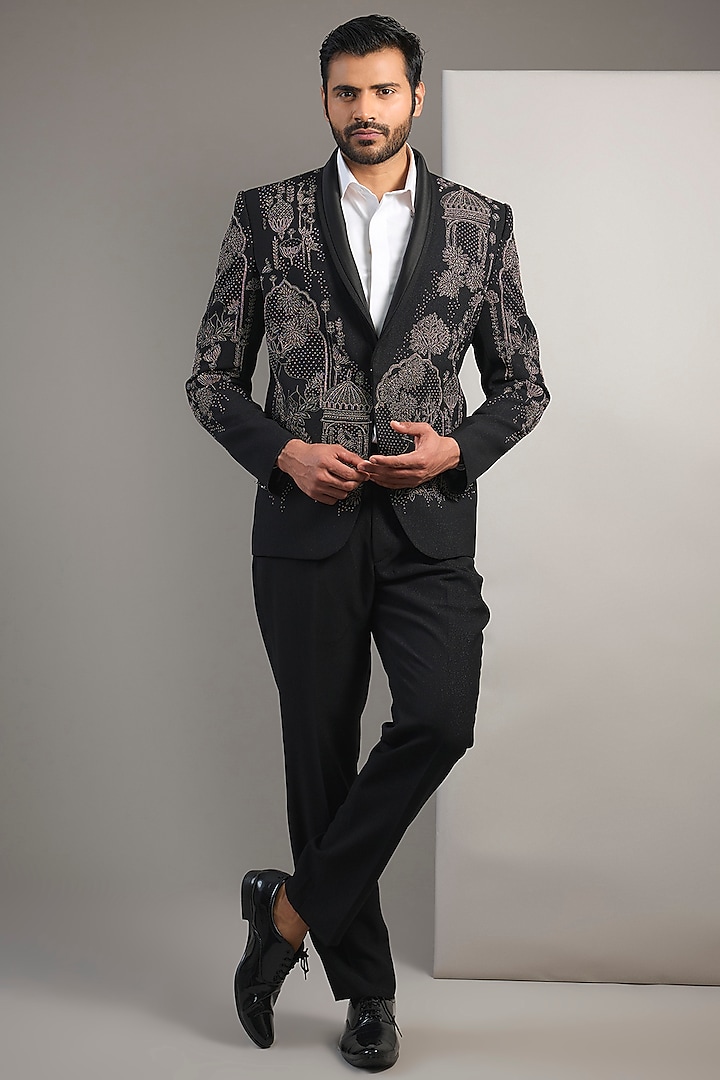 Black Suiting Resham Thread Embroidered Tuxedo Set by SAMMOHAN