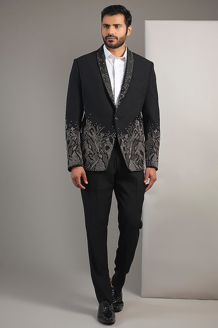 Black Suiting Resham Thread Embroidered Tuxedo Set by SAMMOHAN