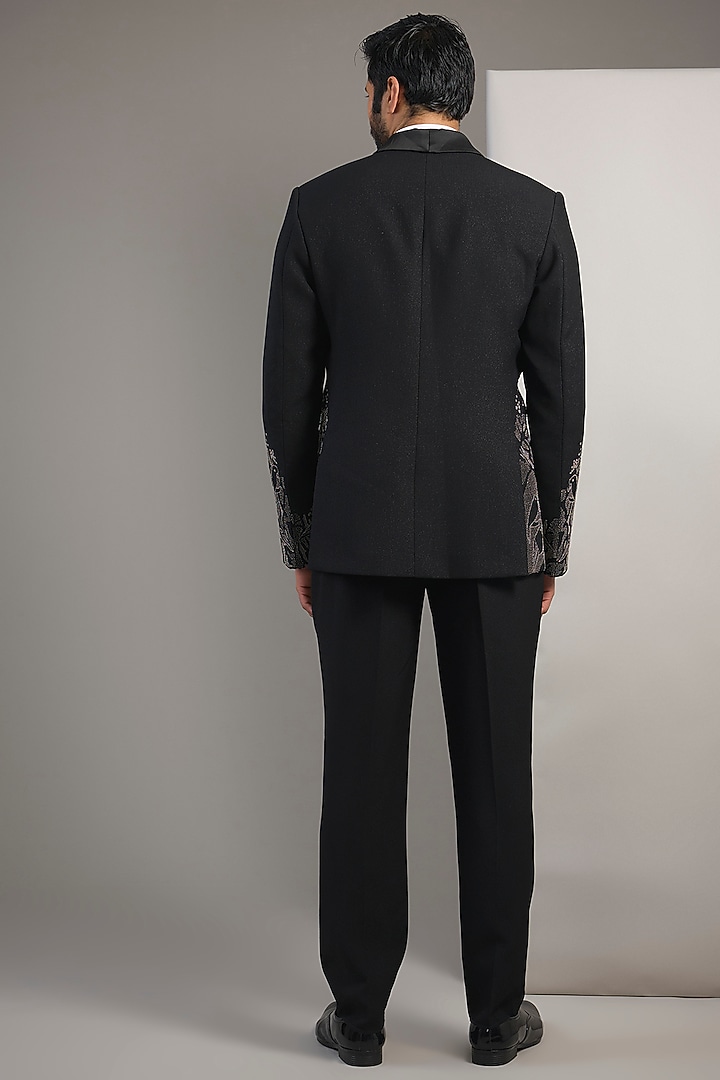 Black Suiting Resham Thread Embroidered Tuxedo Set by SAMMOHAN at Pernia's Pop Up Shop
