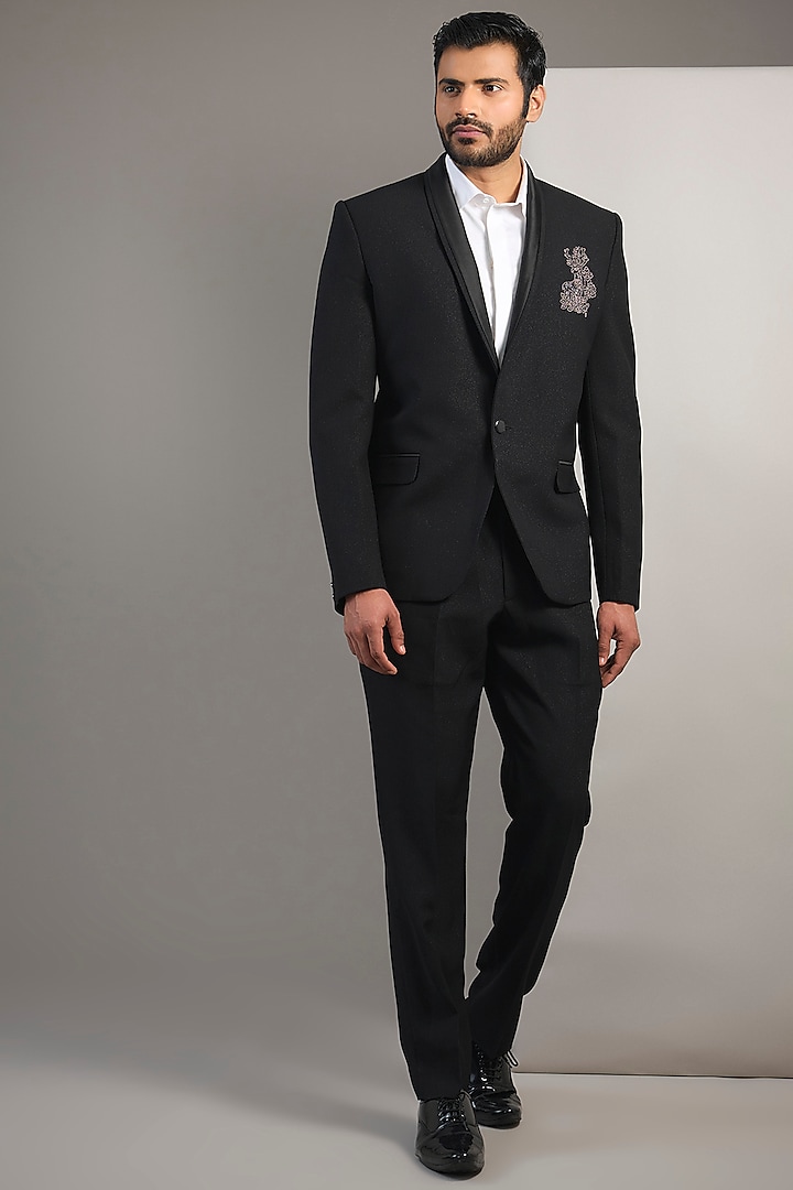 Black Suiting Resham Thread Embroidered Tuxedo Set by SAMMOHAN at Pernia's Pop Up Shop