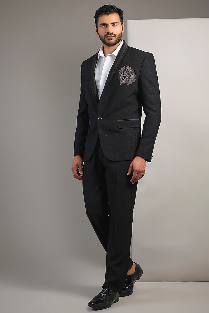 Black Suiting Resham Thread Embroidered Tuxedo Set by SAMMOHAN