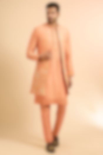 Peach Silk Wedding Indowestern Set by SAMMOHAN at Pernia's Pop Up Shop