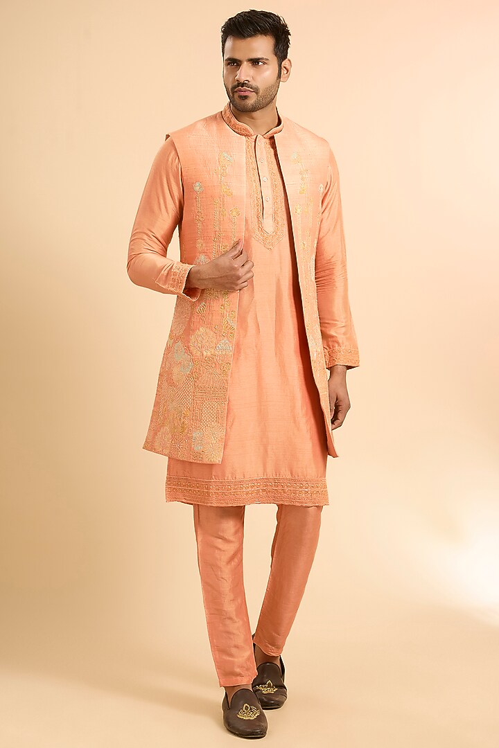 Peach Silk Wedding Indowestern Set by SAMMOHAN at Pernia's Pop Up Shop