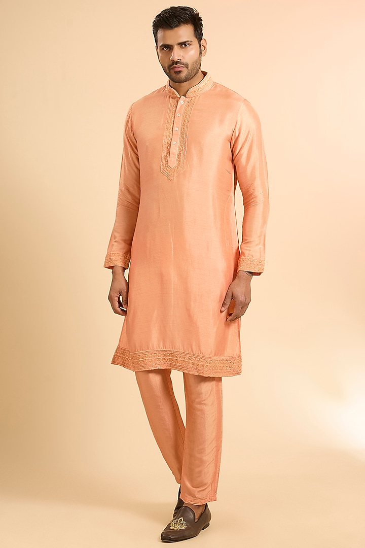 Peach Silk Wedding Indowestern Set by SAMMOHAN at Pernia's Pop Up Shop