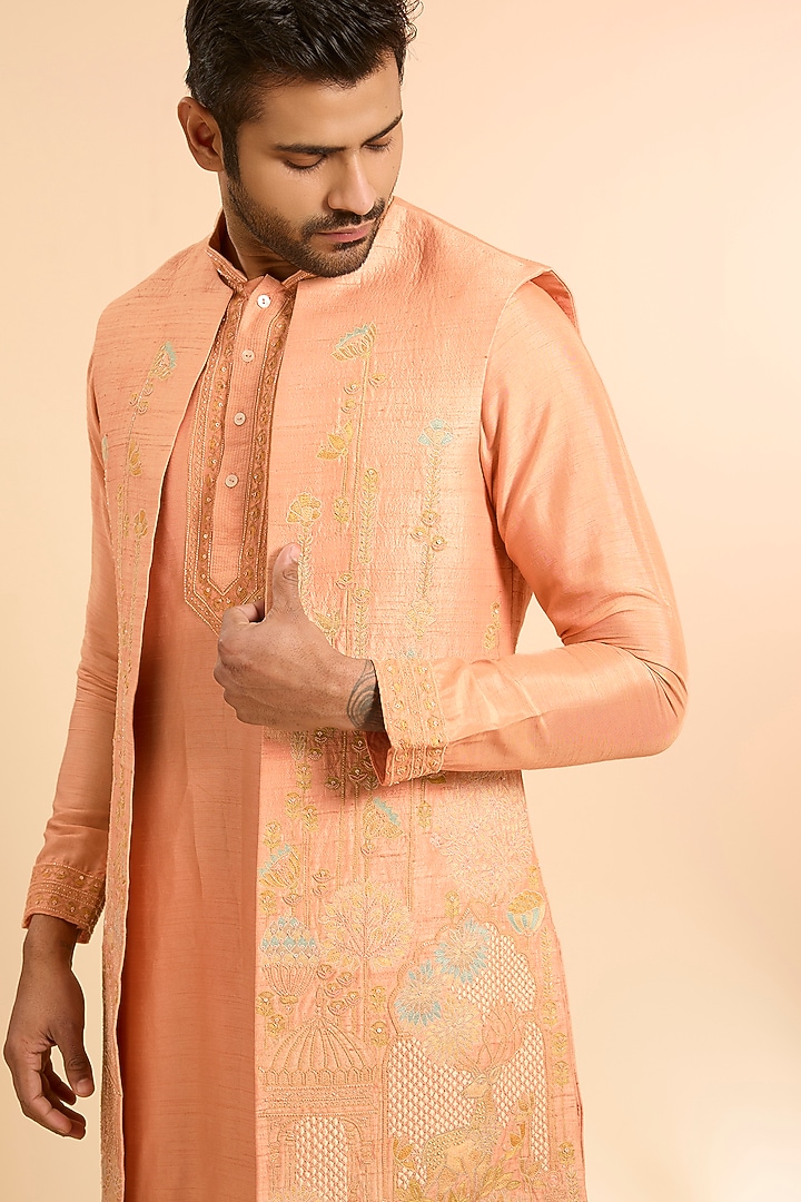 Peach Silk Wedding Indowestern Set by SAMMOHAN at Pernia's Pop Up Shop
