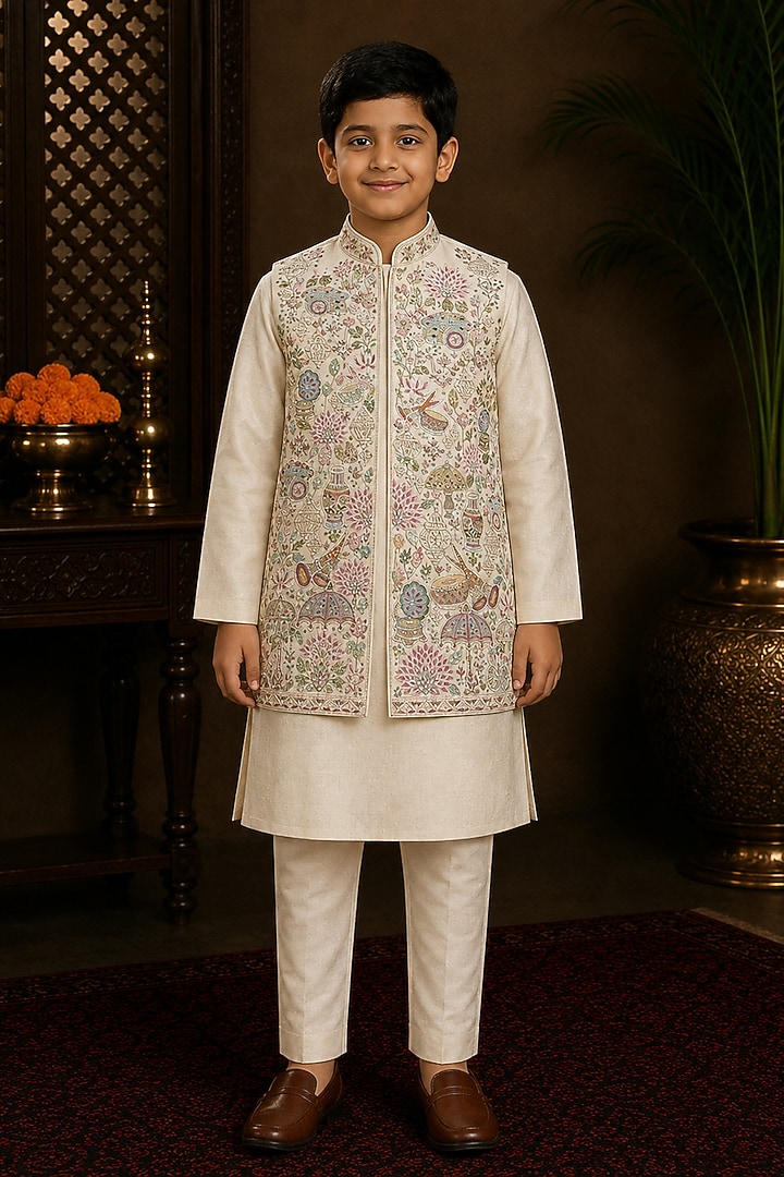 Ivory Raw Silk Resham Embroidered Bundi Jacket Set For Boys by Sammohan Kids at Pernia's Pop Up Shop