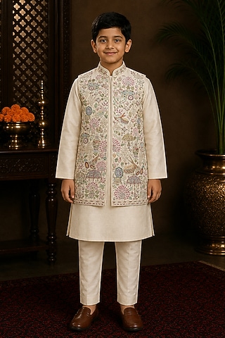 Ivory Raw Silk Resham Embroidered Bundi Jacket Set For Boys by Sammohan Kids