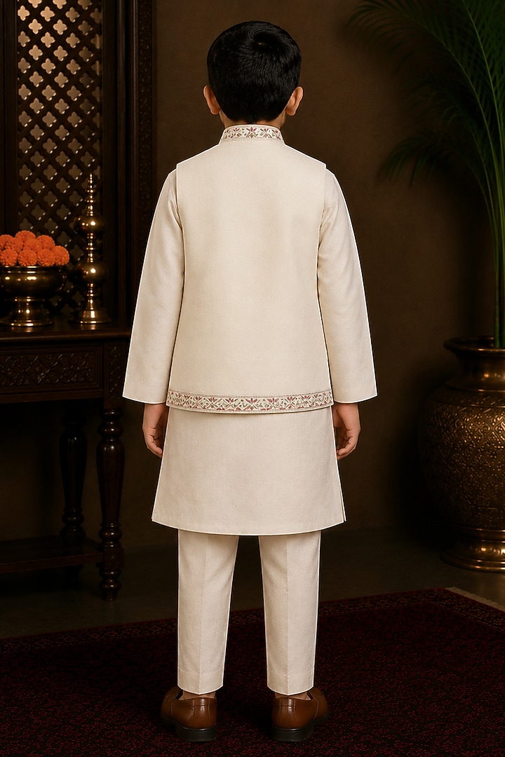 Ivory Raw Silk Resham Embroidered Bundi Jacket Set For Boys by Sammohan Kids at Pernia's Pop Up Shop