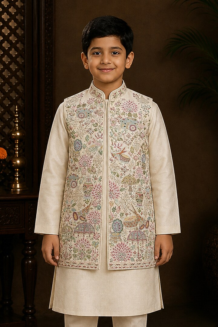 Ivory Raw Silk Resham Embroidered Bundi Jacket Set For Boys by Sammohan Kids at Pernia's Pop Up Shop