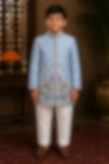 Blue Raw Silk Resham Embroidered Indowestern Set For Boys by Sammohan Kids at Pernia's Pop Up Shop