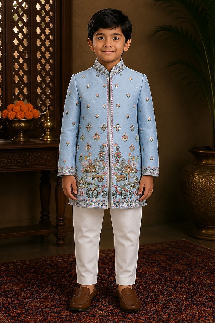 Blue Raw Silk Resham Embroidered Indowestern Set For Boys by Sammohan Kids at Pernia's Pop Up Shop