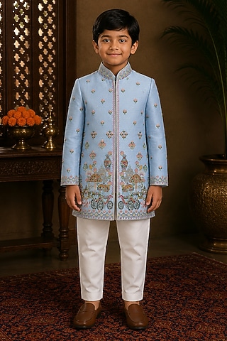 Blue Raw Silk Resham Embroidered Indowestern Set For Boys by Sammohan Kids