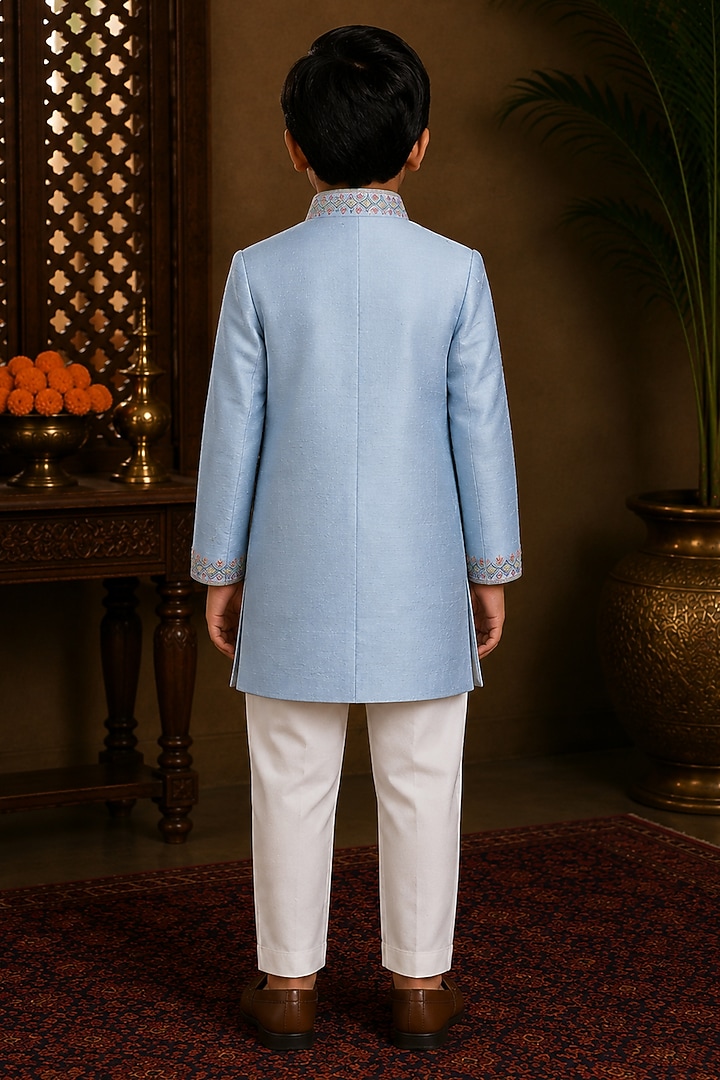 Blue Raw Silk Resham Embroidered Indowestern Set For Boys by Sammohan Kids at Pernia's Pop Up Shop