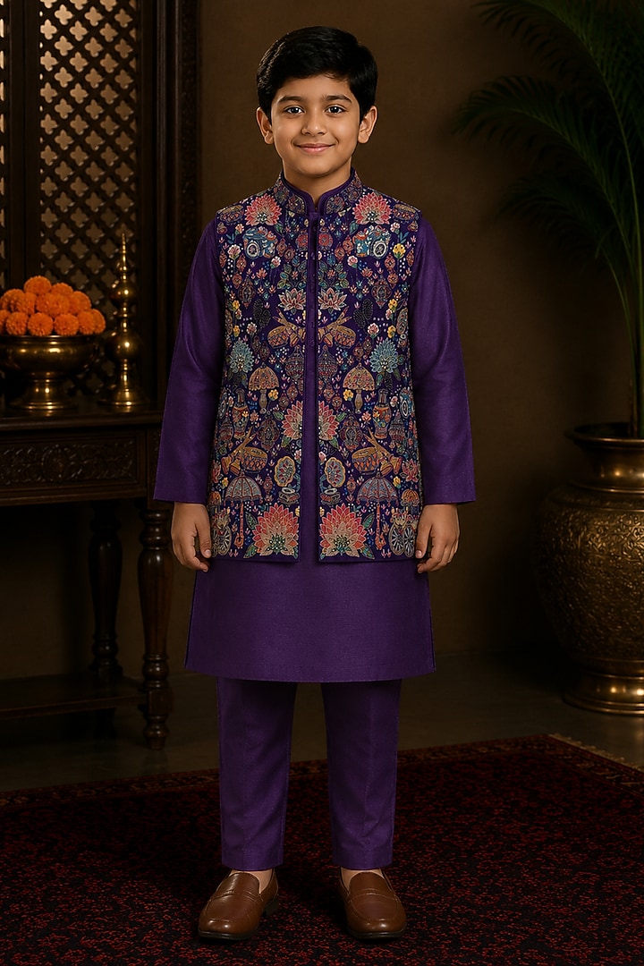 Purple Raw Silk Resham Embroidered Bundi Jacket Set For Boys by Sammohan Kids at Pernia's Pop Up Shop