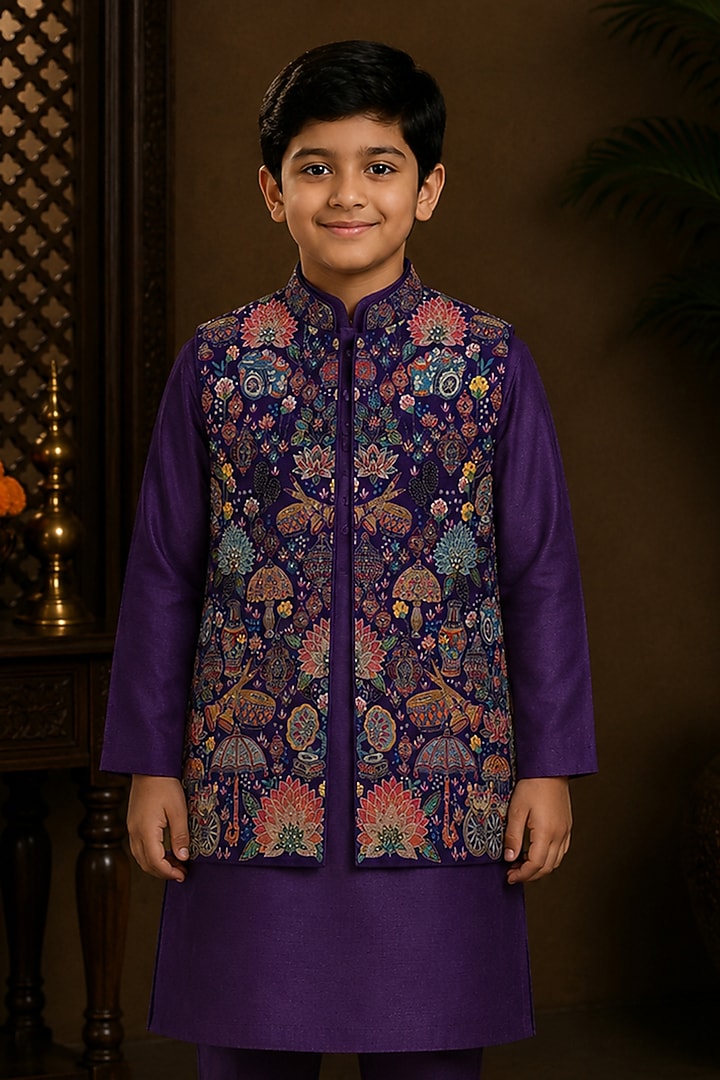 Purple Raw Silk Resham Embroidered Bundi Jacket Set For Boys by Sammohan Kids at Pernia's Pop Up Shop
