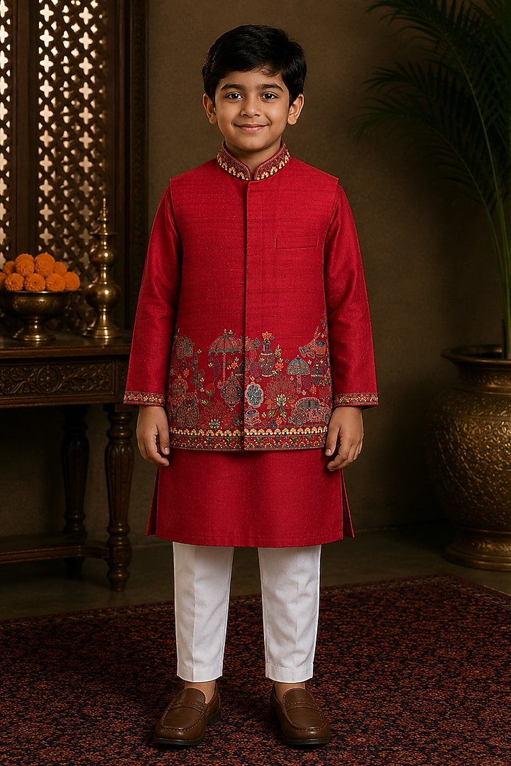 Red Raw Silk Resham Embroidered Bundi Jacket Set For Boys by Sammohan Kids at Pernia's Pop Up Shop
