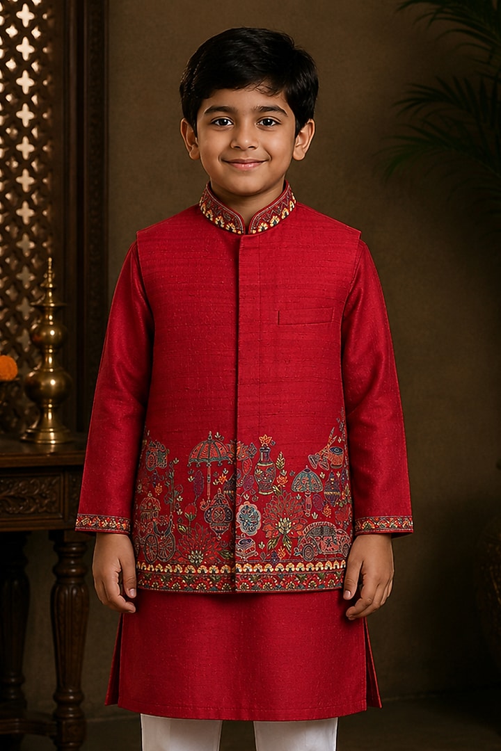 Red Raw Silk Resham Embroidered Bundi Jacket Set For Boys by Sammohan Kids at Pernia's Pop Up Shop