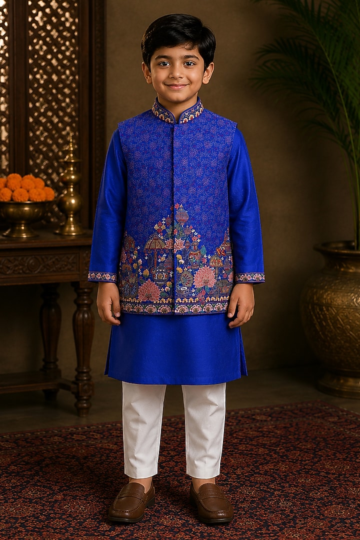 Blue Raw Silk Resham Embroidered Bundi Jacket Set For Boys by Sammohan Kids at Pernia's Pop Up Shop