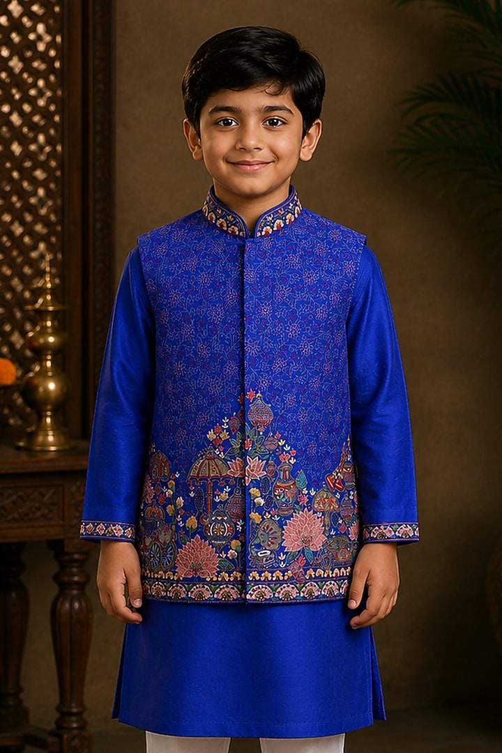 Blue Raw Silk Resham Embroidered Bundi Jacket Set For Boys by Sammohan Kids at Pernia's Pop Up Shop