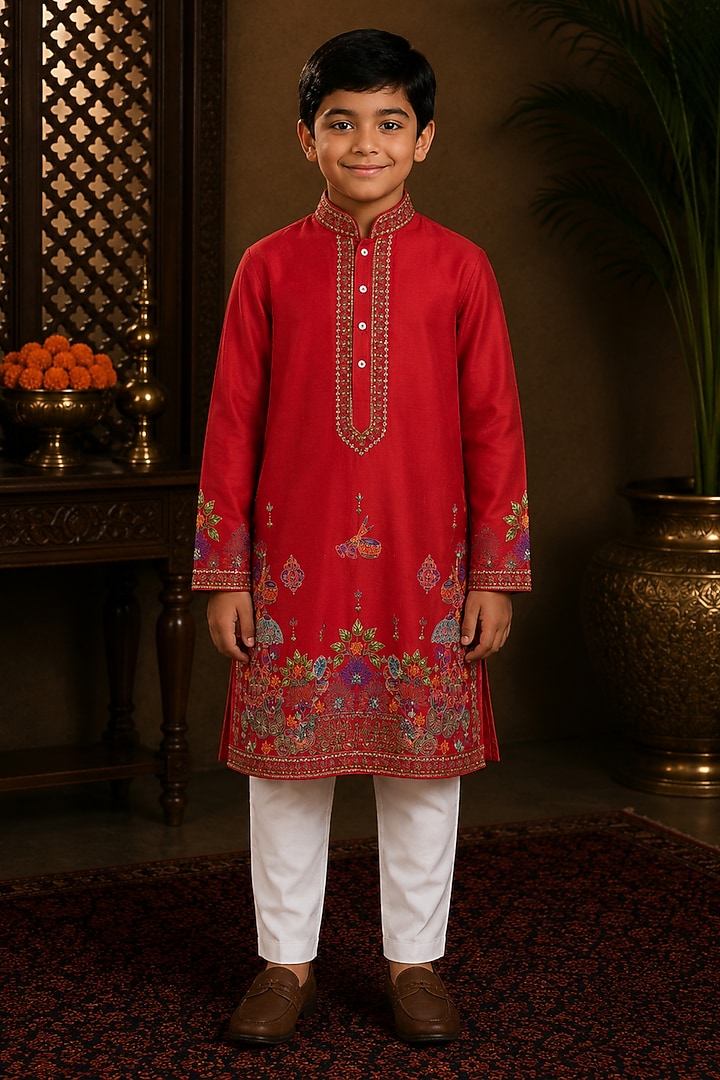 Red Chanderi Thread & Resham Embroidered Kurta Set For Boys by Sammohan Kids at Pernia's Pop Up Shop